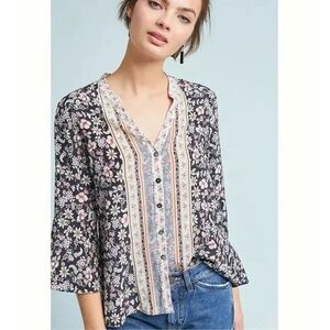 Anthropologie X Kachel Kaia Floral Motif Printed Silk Button Front Top
